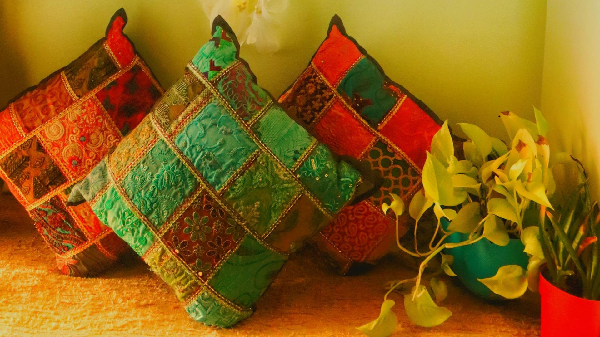 Suede Patchwork Cushion With Embroidery