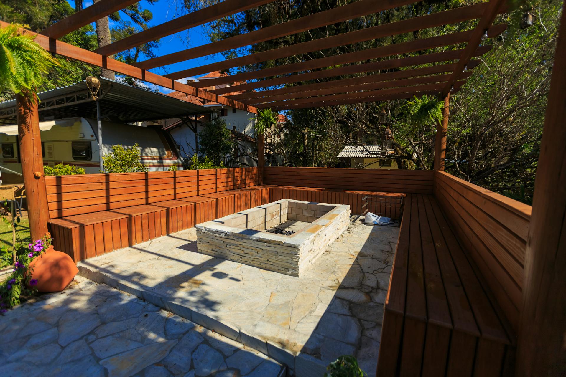 Mountain Patio With Fire Pit And Stone Floor