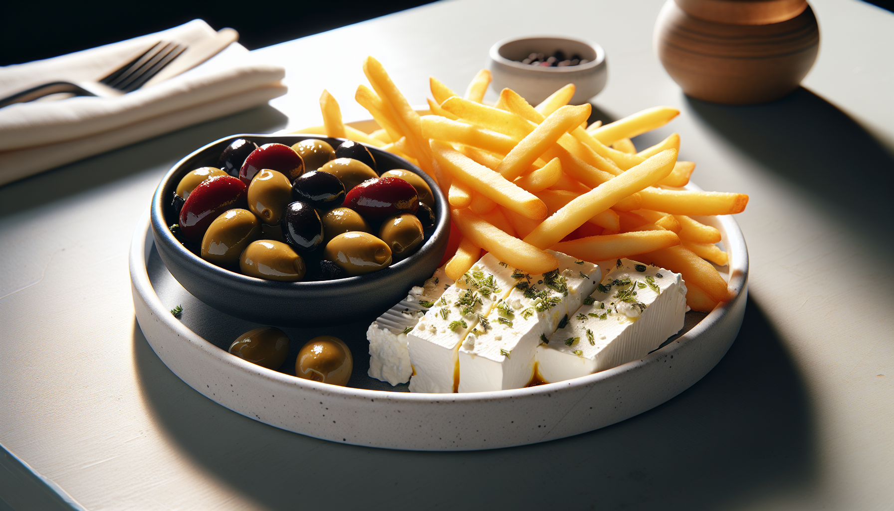 Feta aux olives et pommes frites
