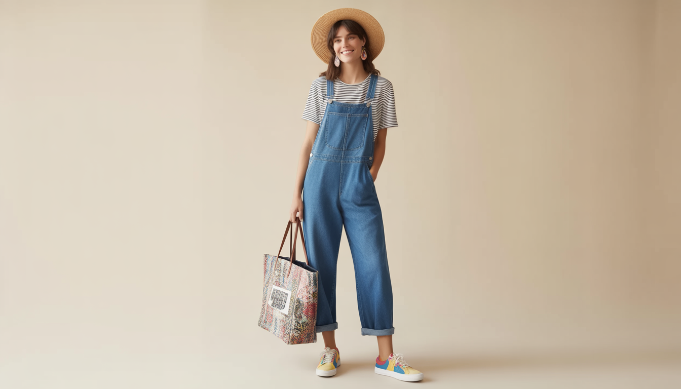 4. La salopette en denim et t-shirt rayé