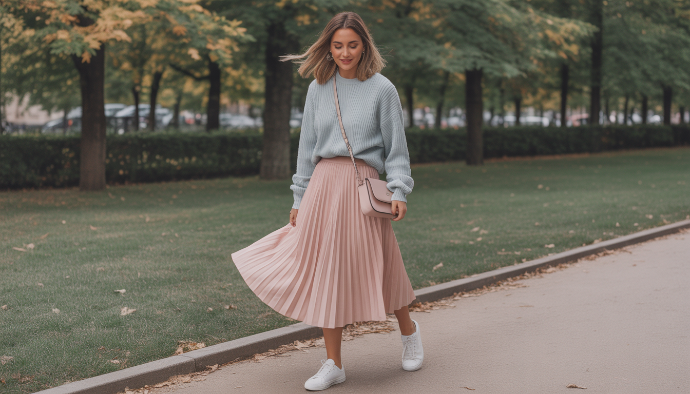 5. La jupe plissée pastel et pull léger