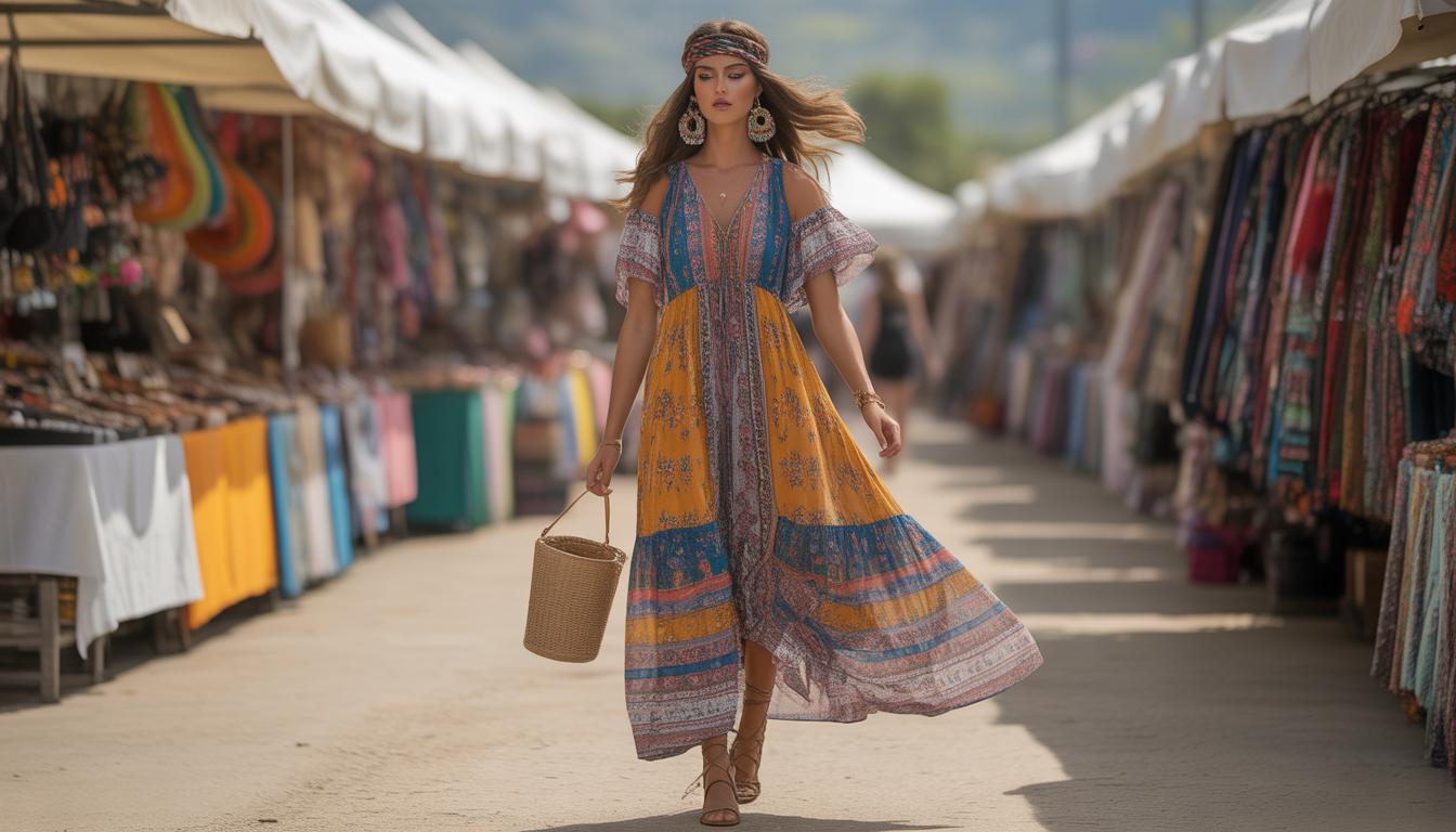 11. La maxi-robe bohème et sandales à lacets