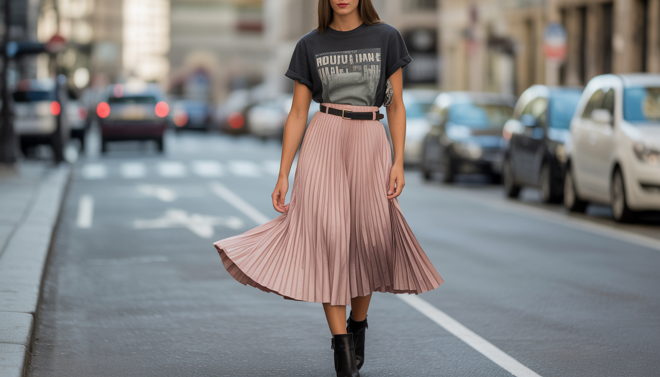 4. La jupe midi plissée et t-shirt graphique