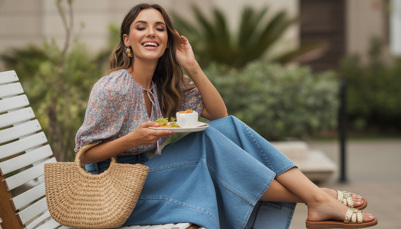 6. Le combo jupe en jean et blouse bohème