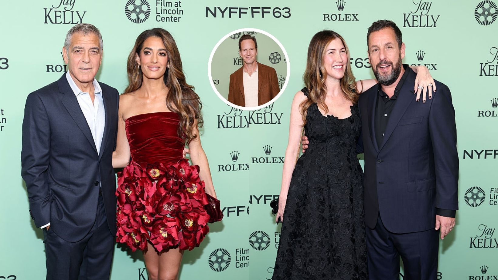 Adam Sandler and George Clooney with other stars at the premiere of Jay Kelly