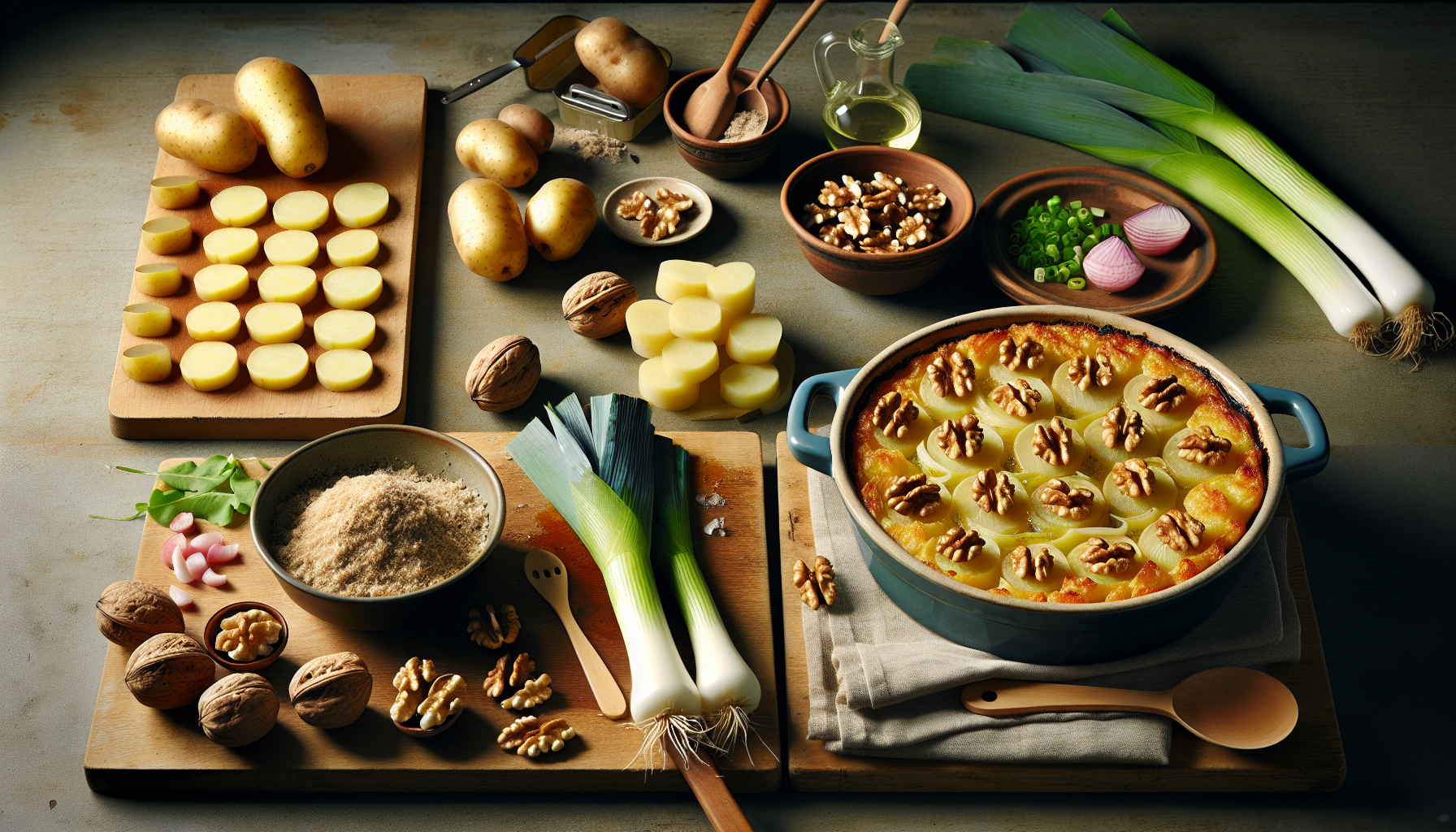 Gratin mit Kartoffeln, Lauch und Walnüssen