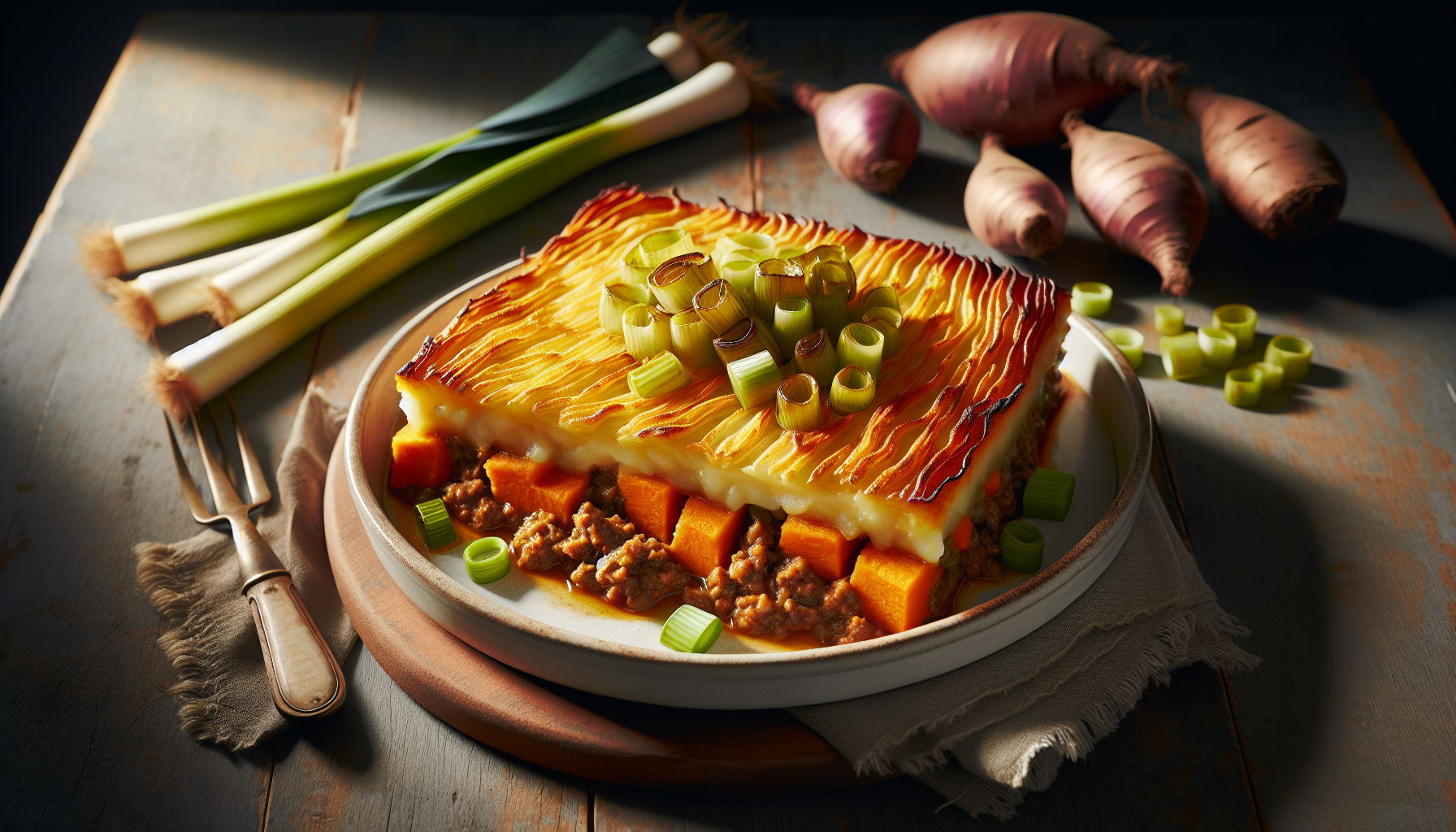 Shepherd's Pie mit Lauch und Süßkartoffeln