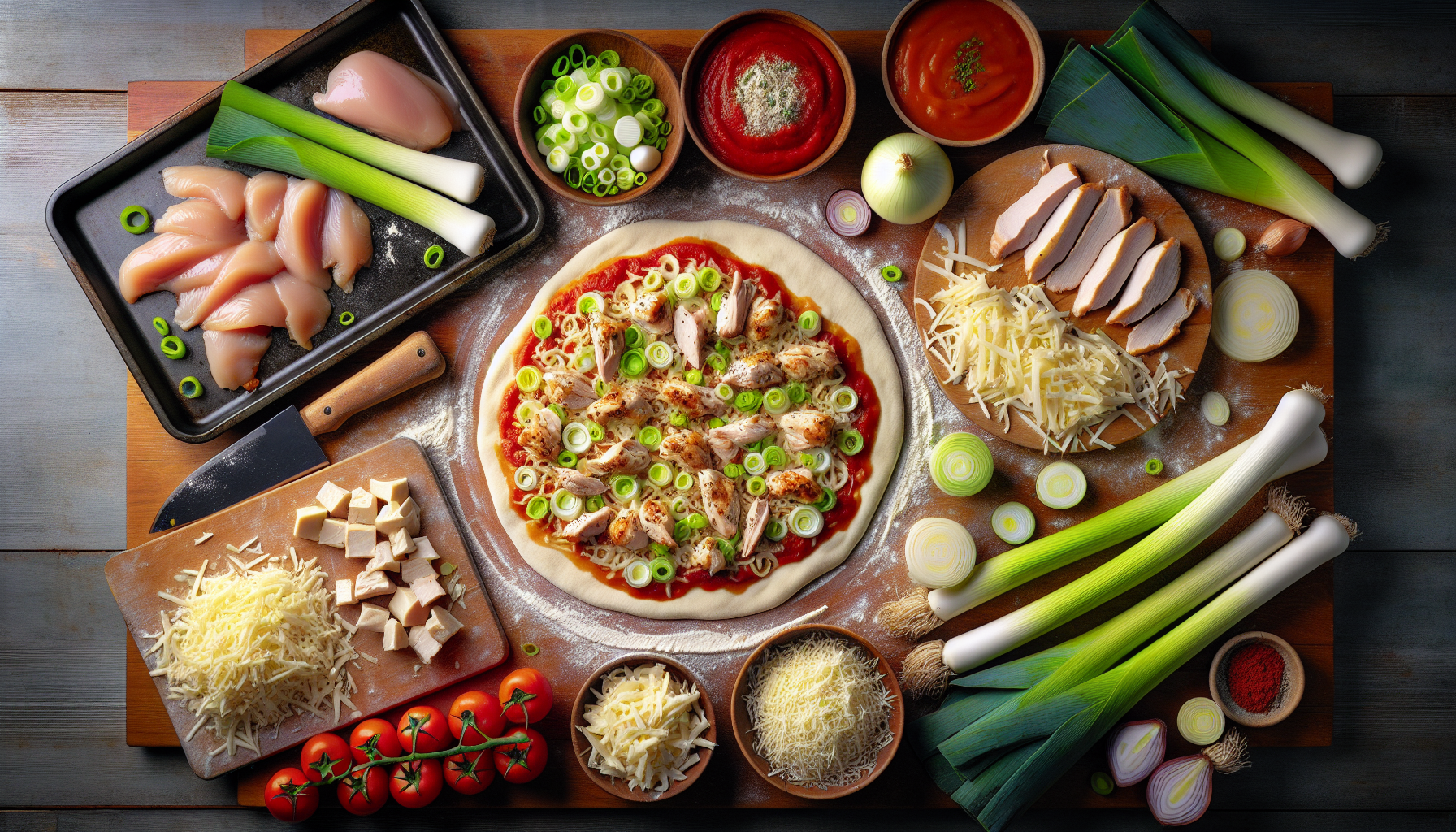 Pizza mit Huhn und Lauch