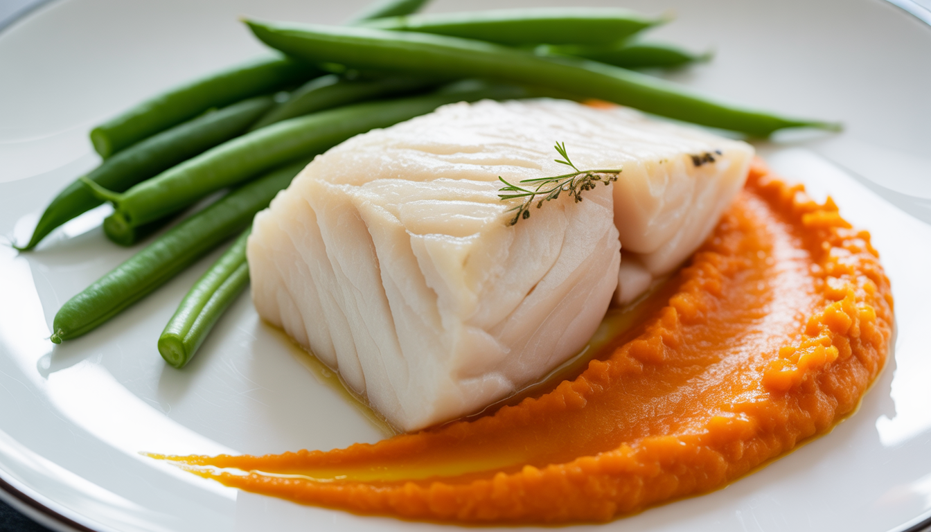 10. Pavé de cabillaud, purée de carottes et haricots verts