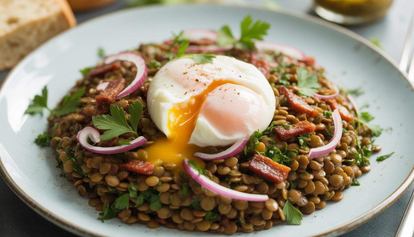 15. Salade tiède de lentilles, lardons et œuf poché