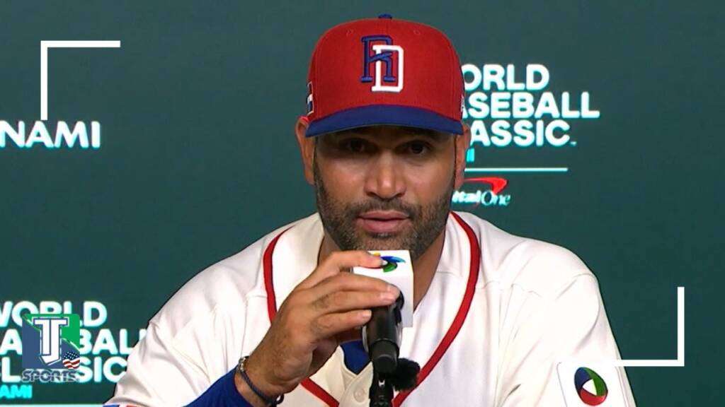 Albert Pujols reacts to the call on the final pitch in the Dominican Republic’s loss