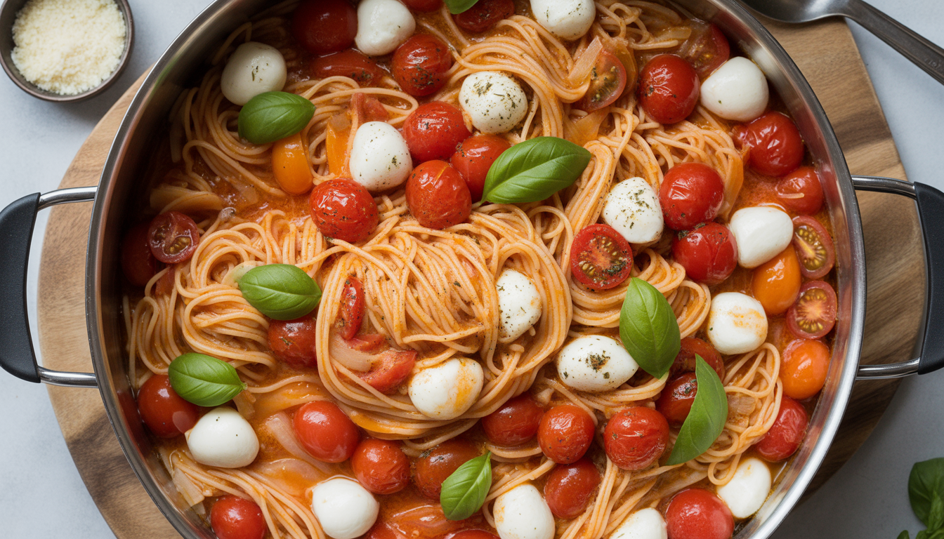 14. One-pot pasta tomates, basilic et mozzarella