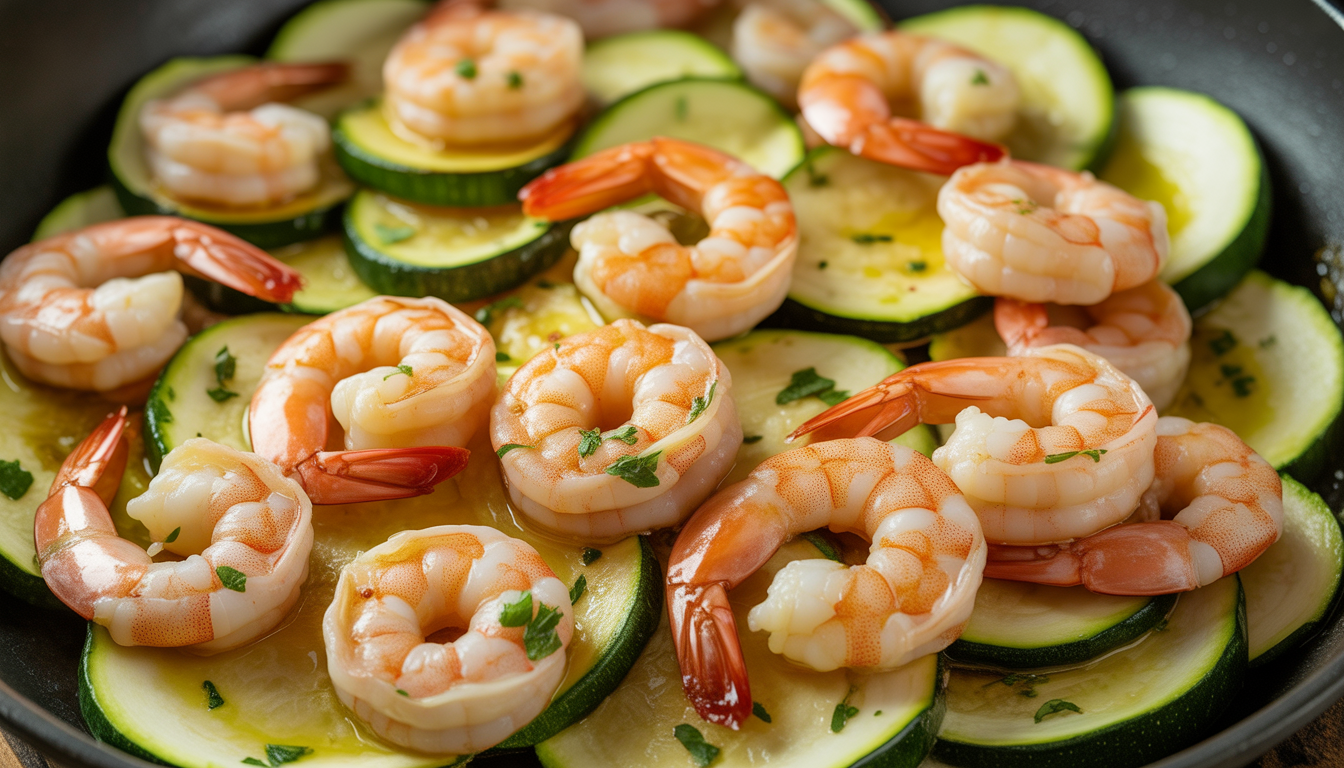 7. Poêlée de crevettes à l’ail et courgettes