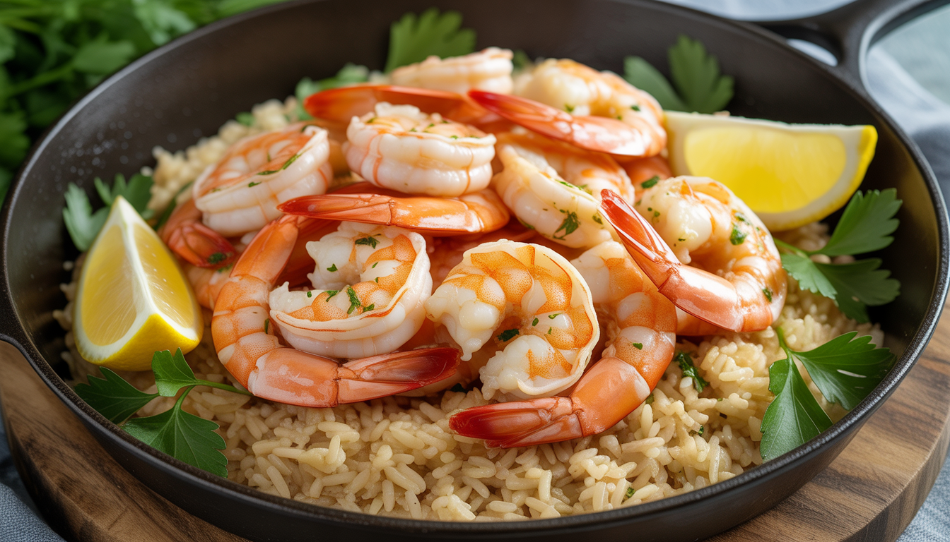 7. Poêlée de crevettes à l’ail et riz complet