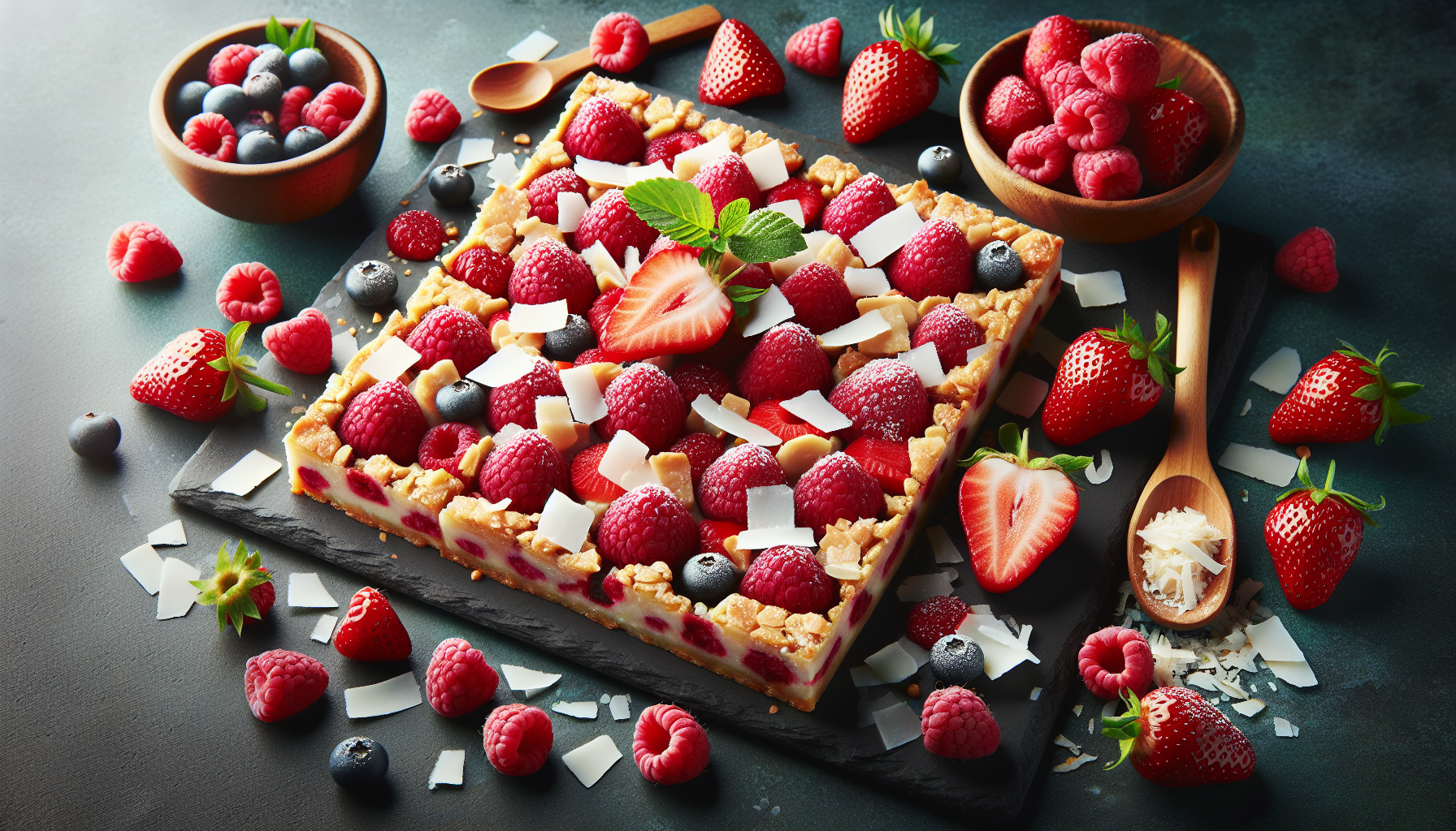 Carrés aux framboises, fraises et noix de coco