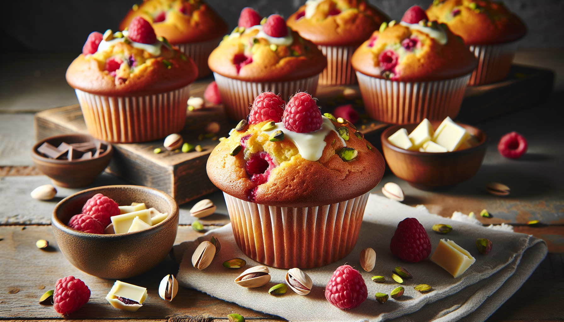 Muffins aux framboises, chocolat blanc et pistaches