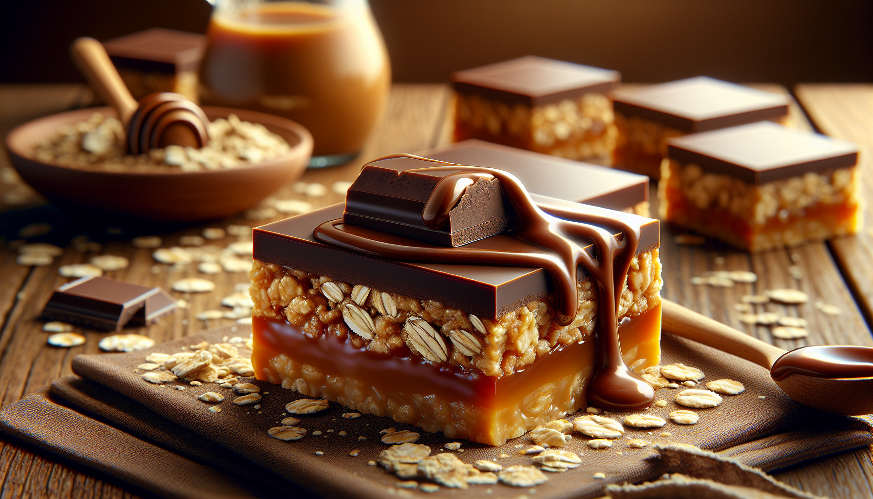 Carrés à l'avoine, au dulce de leche et chocolat