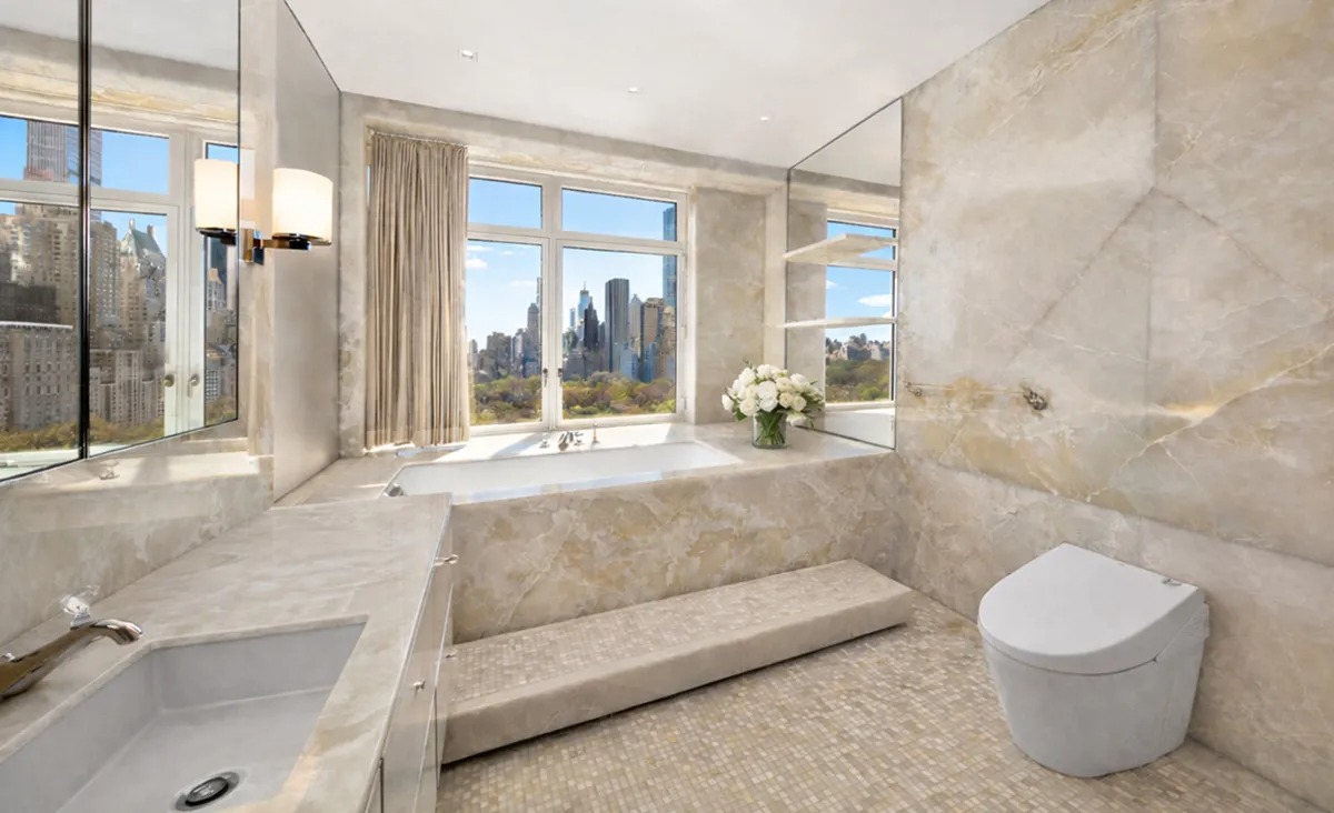 Marble bathroom with a view of Manhattan