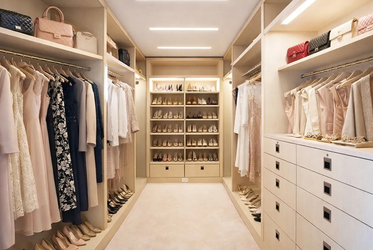 A custom walk-in closet worthy of a luxury boutique