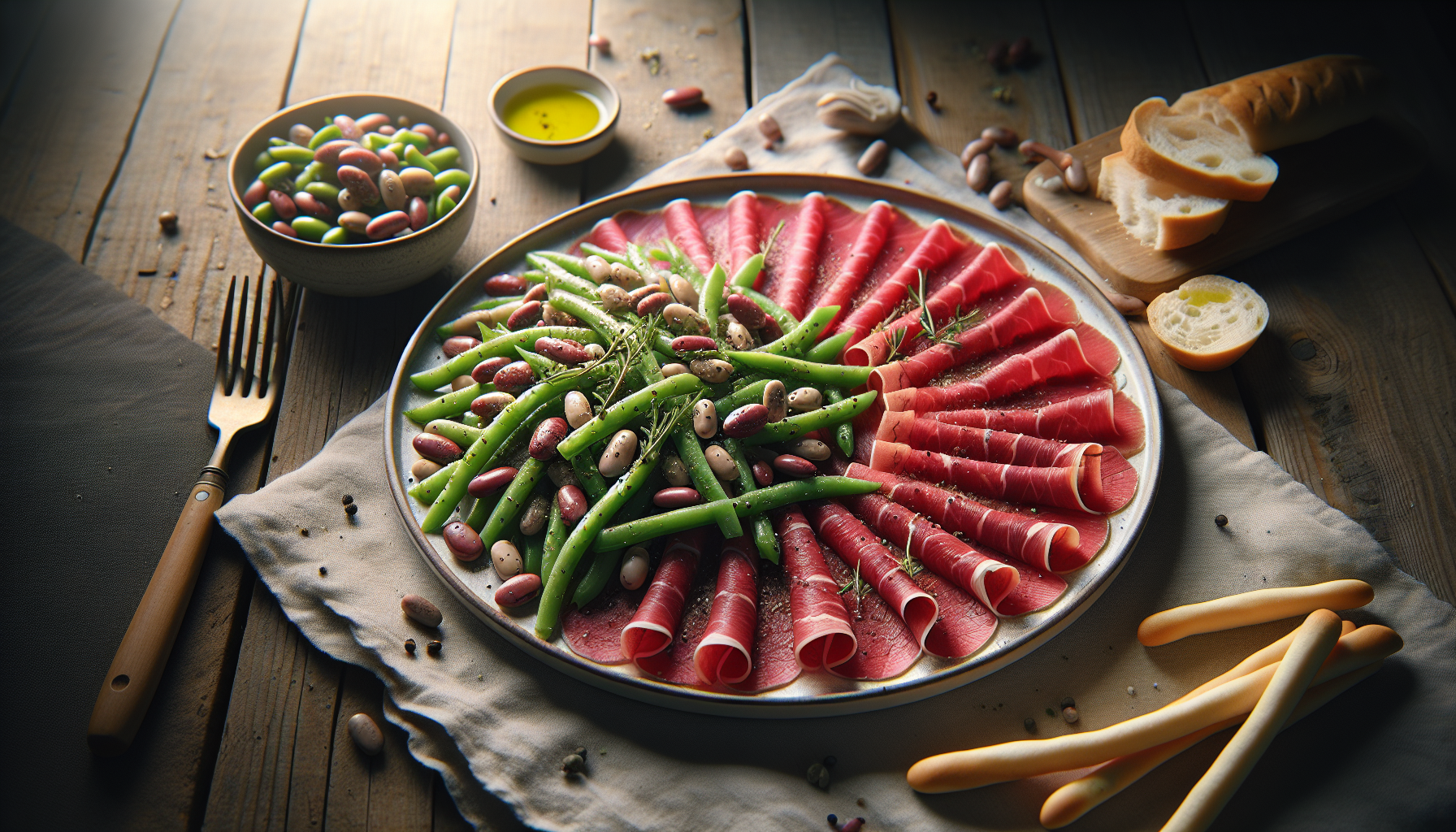 Carpaccio de boeuf avec une salade de haricots marinés