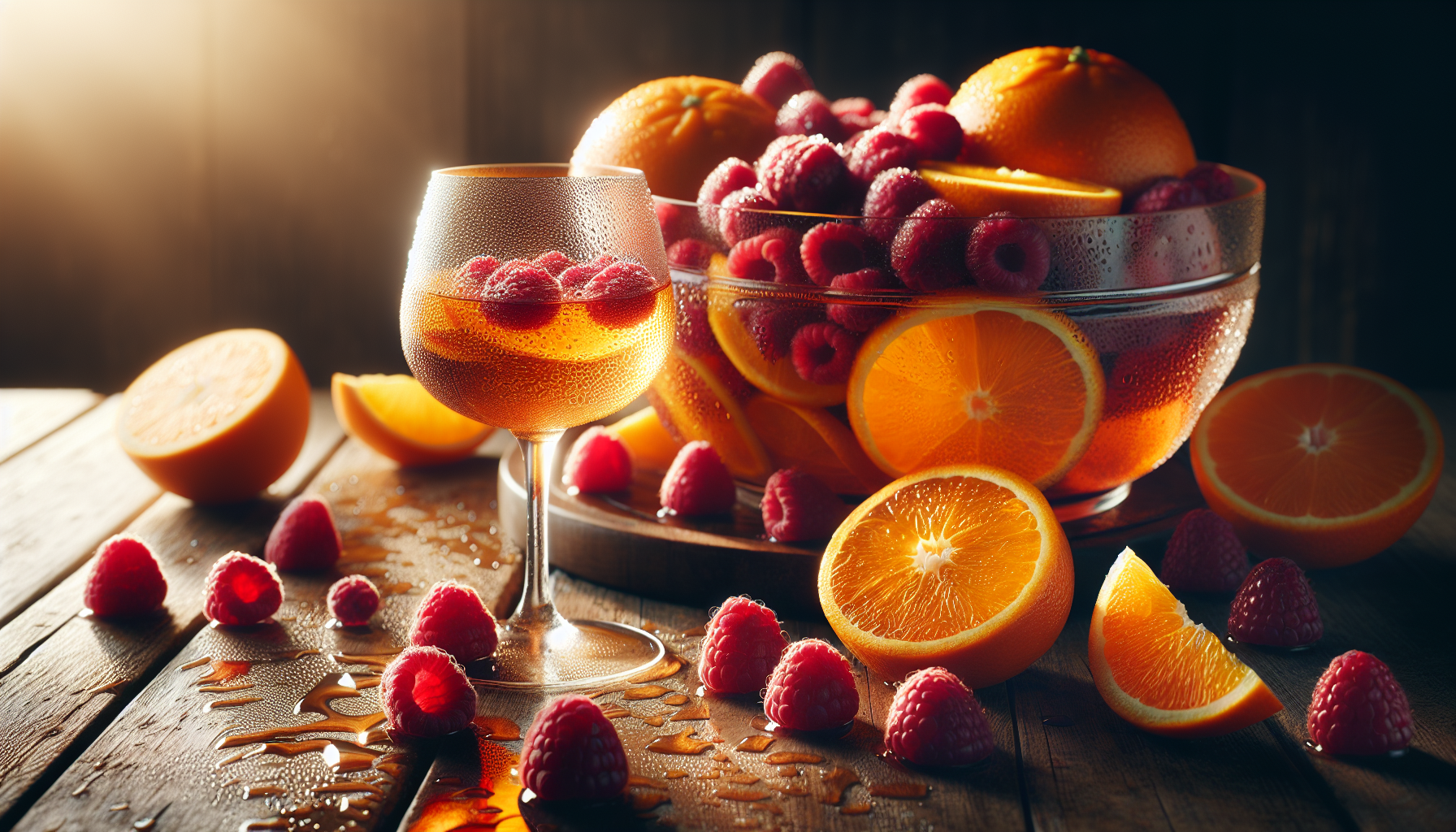 Oranges au vin doux et aux framboises