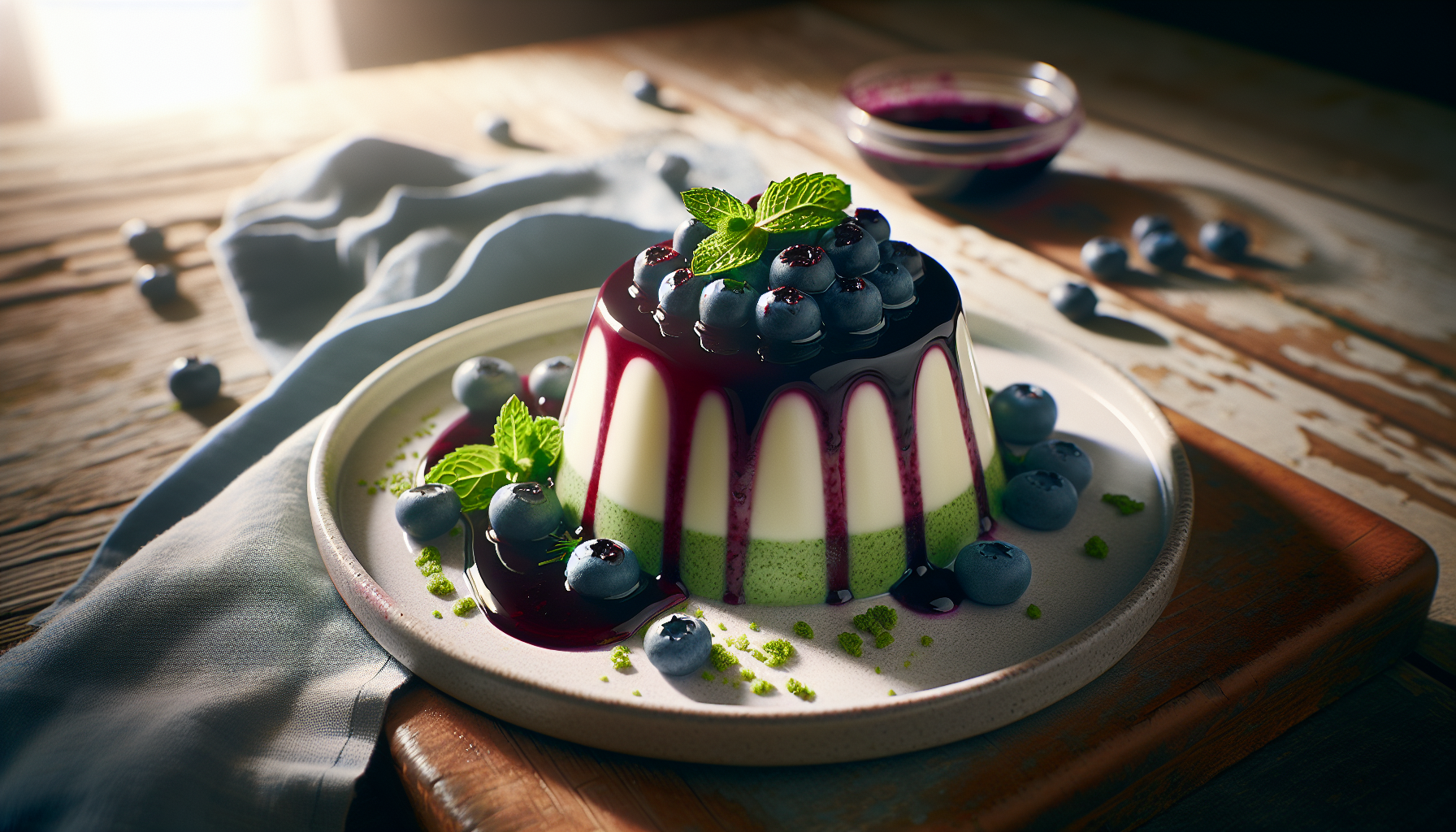Pannacotta au pesto de menthe, sauce aux bleuets