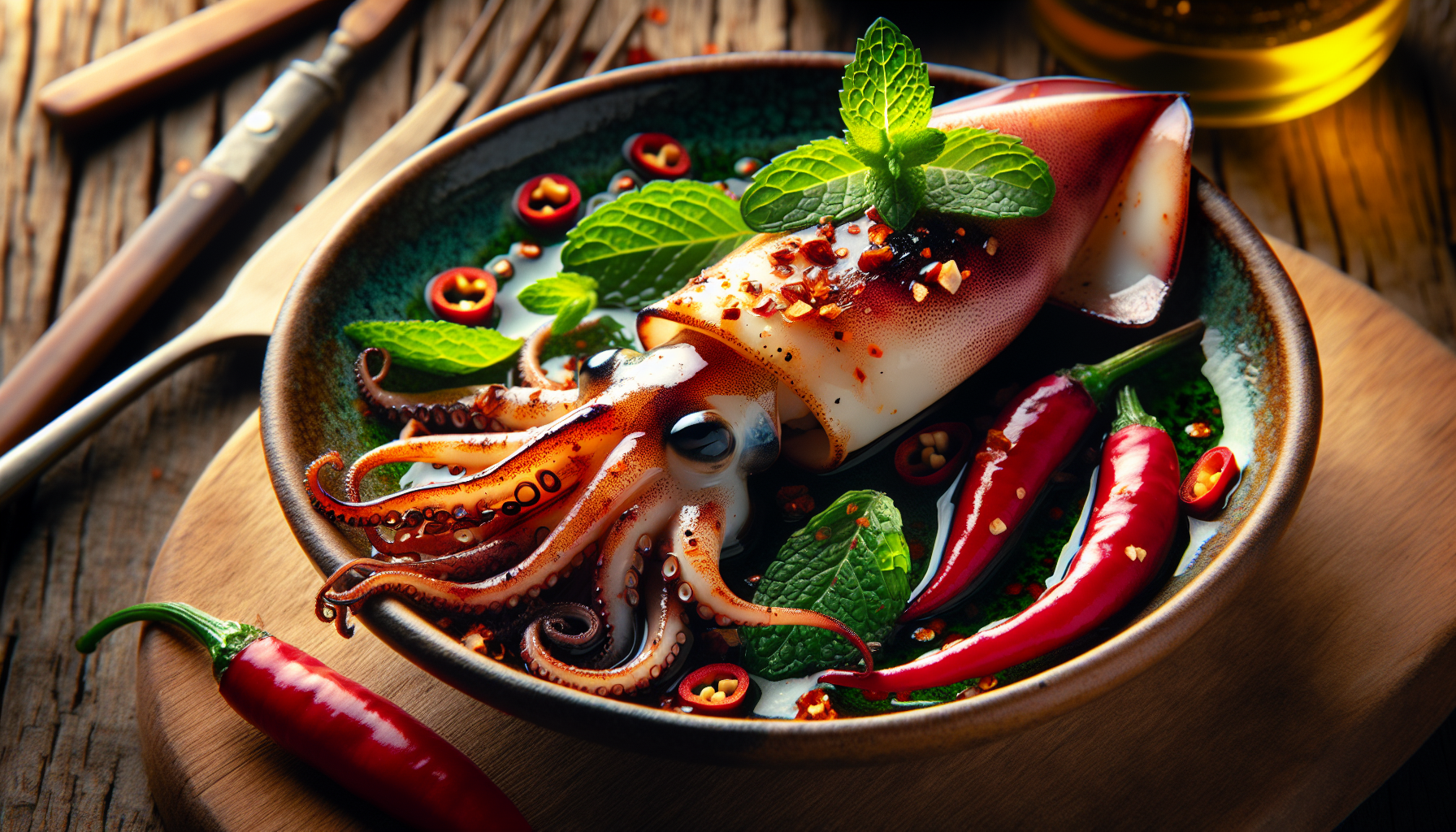 Calmars entiers grillés avec piment et menthe