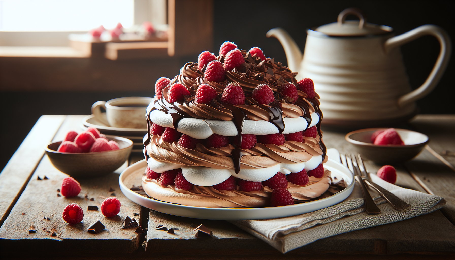 Pavlova façon étage au chocolat, mascarpone et framboises