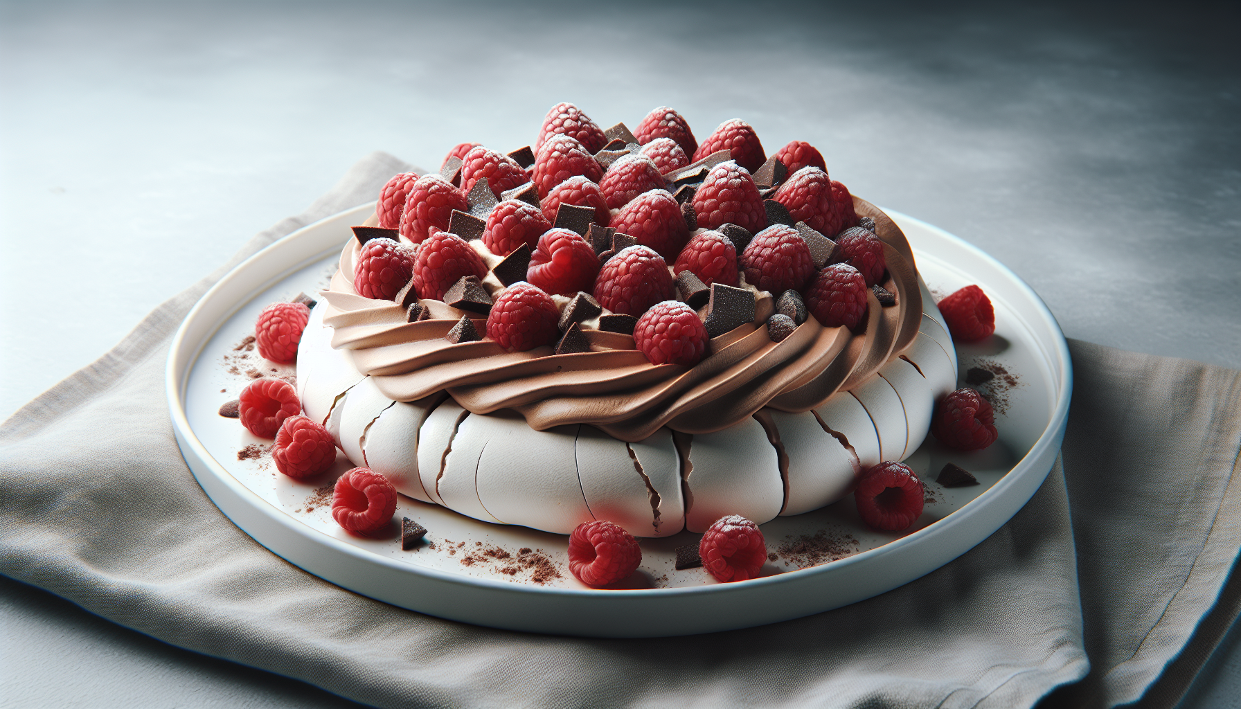 Pavlova, chantilly chocolat et framboises