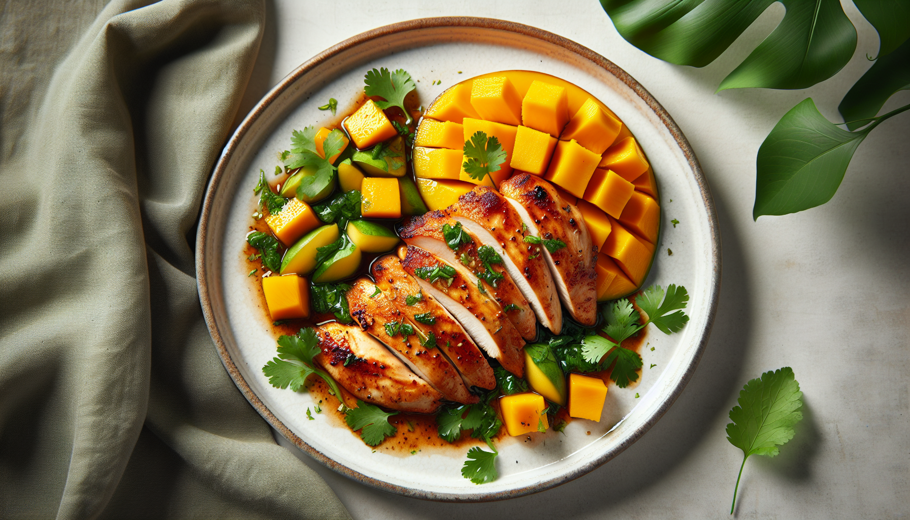 Poulet sauté, mangue et coriandre