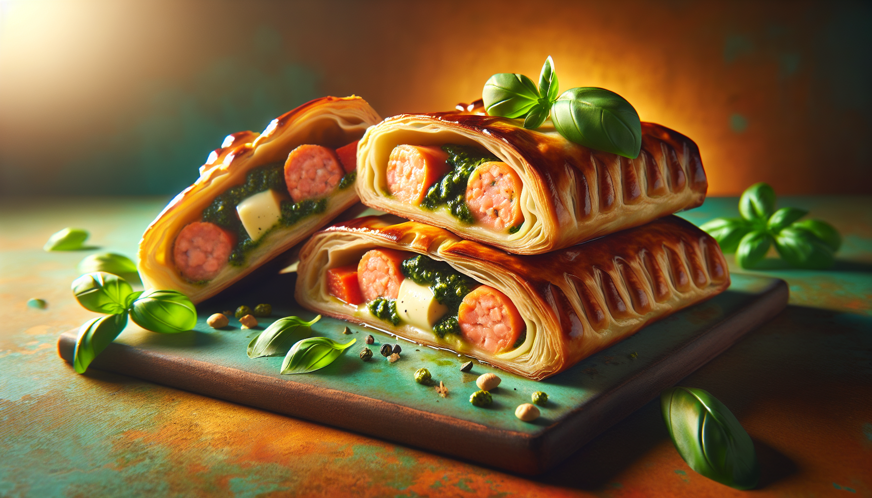 Feuilletés à la saucisse de saumon, pesto de basilic et mozzarella