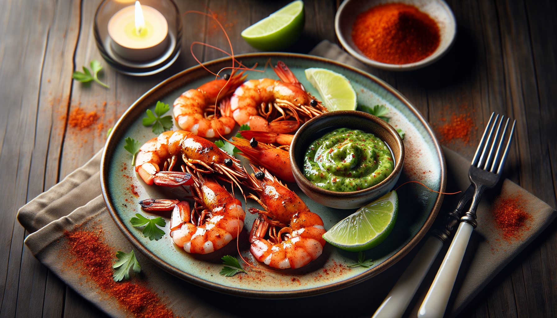 Crevettes au paprika fumé, trempette à la lime
