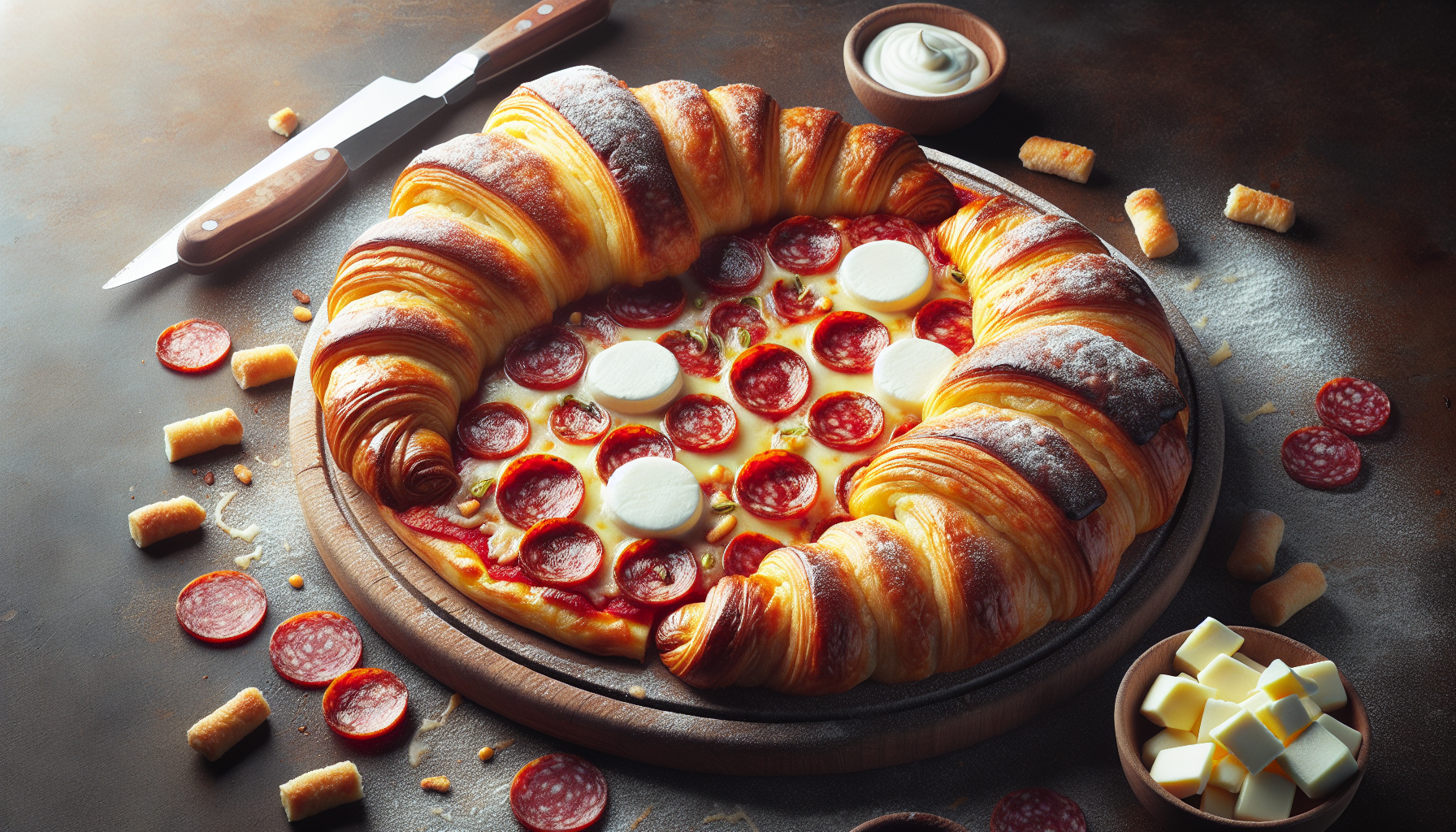 Croissant-pizza au salami et mozzarella