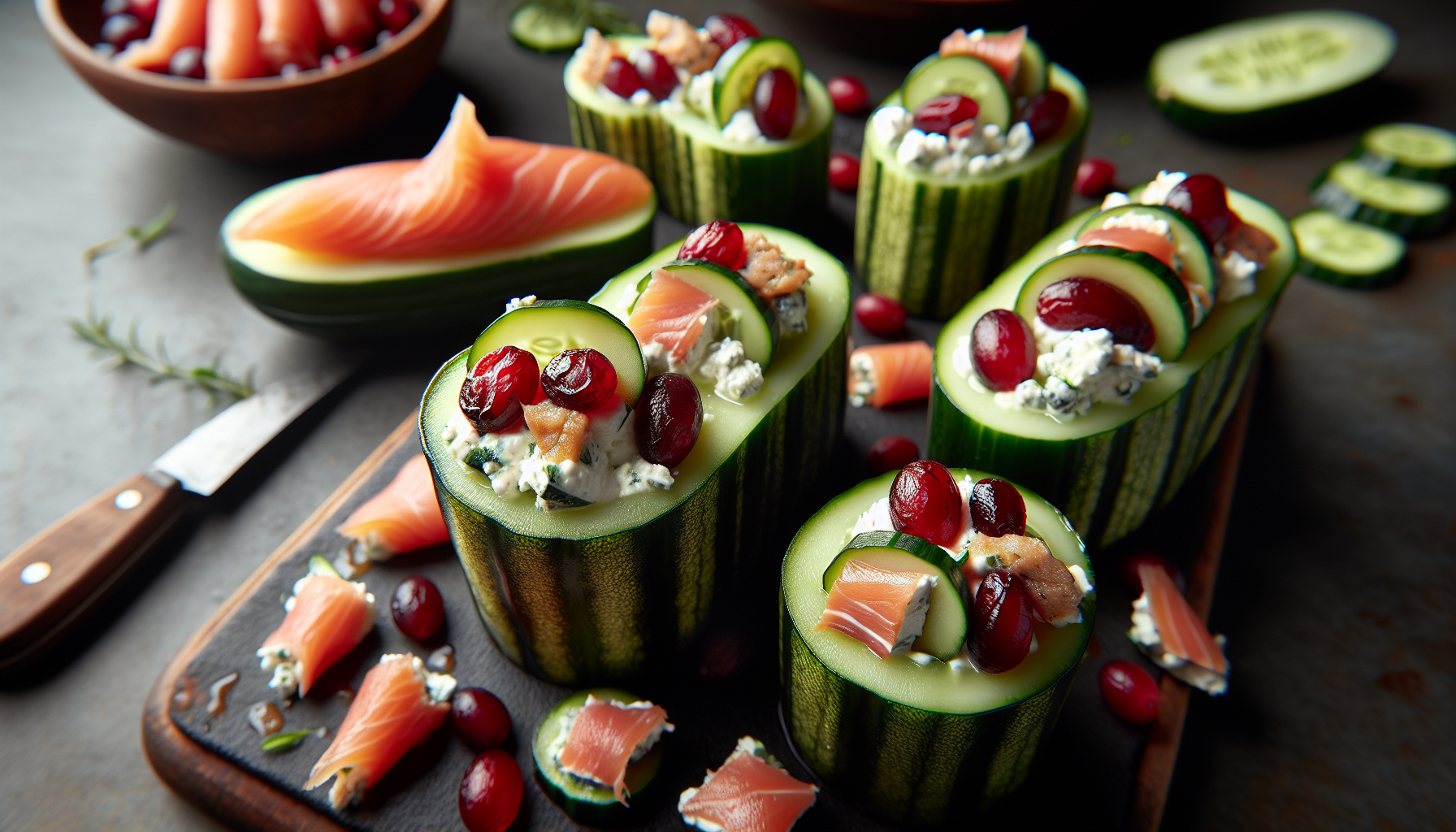 Concombres farcis aux fromage de chèvre, canneberges et truite fumée