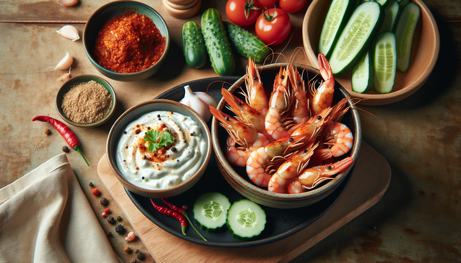 Crevettes épicées avec trempette au concombre