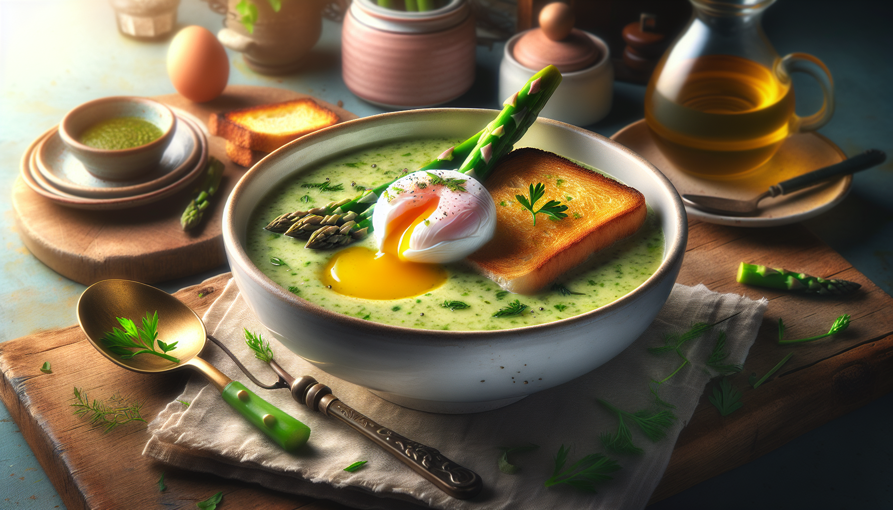 Velouté d'asperges et œuf poché sur toast