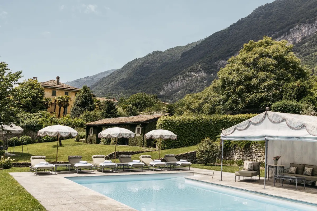 A charming powder-blue swimming pool