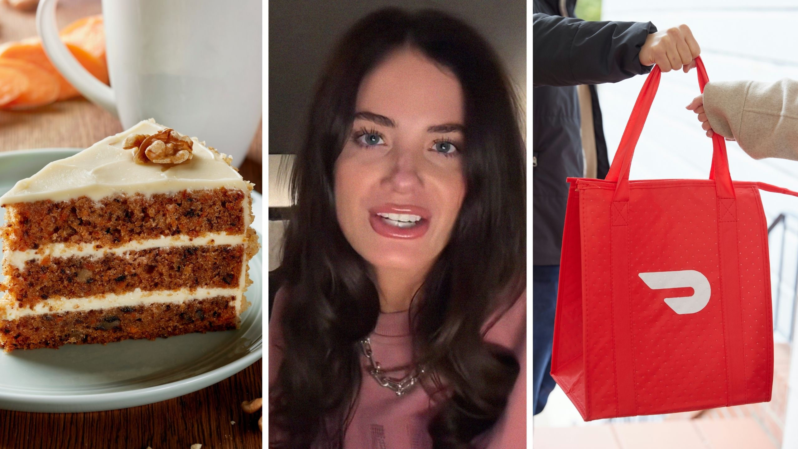 Une femme utilise DoorDash dans un restaurant de steaks de Chicago. Une part de gâteau aux carottes à 24$ et elle ouvre le colis.