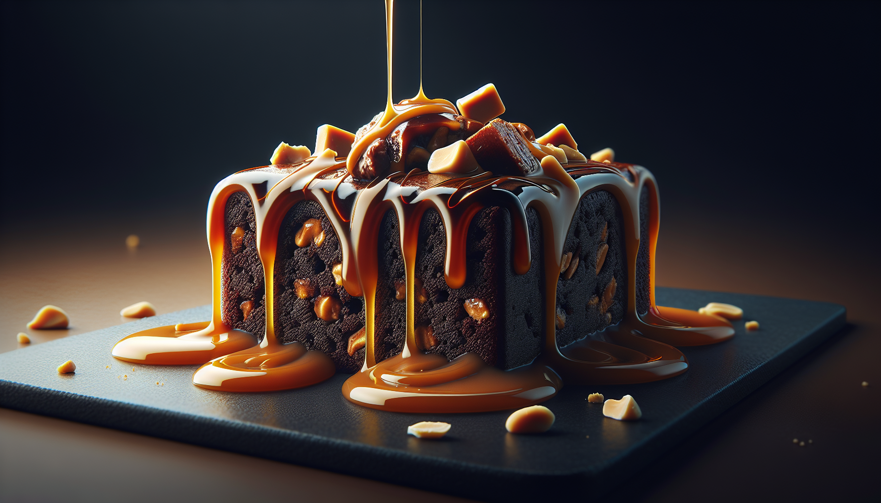 Gâteau-brownie, sauce au caramel et aux arachides
