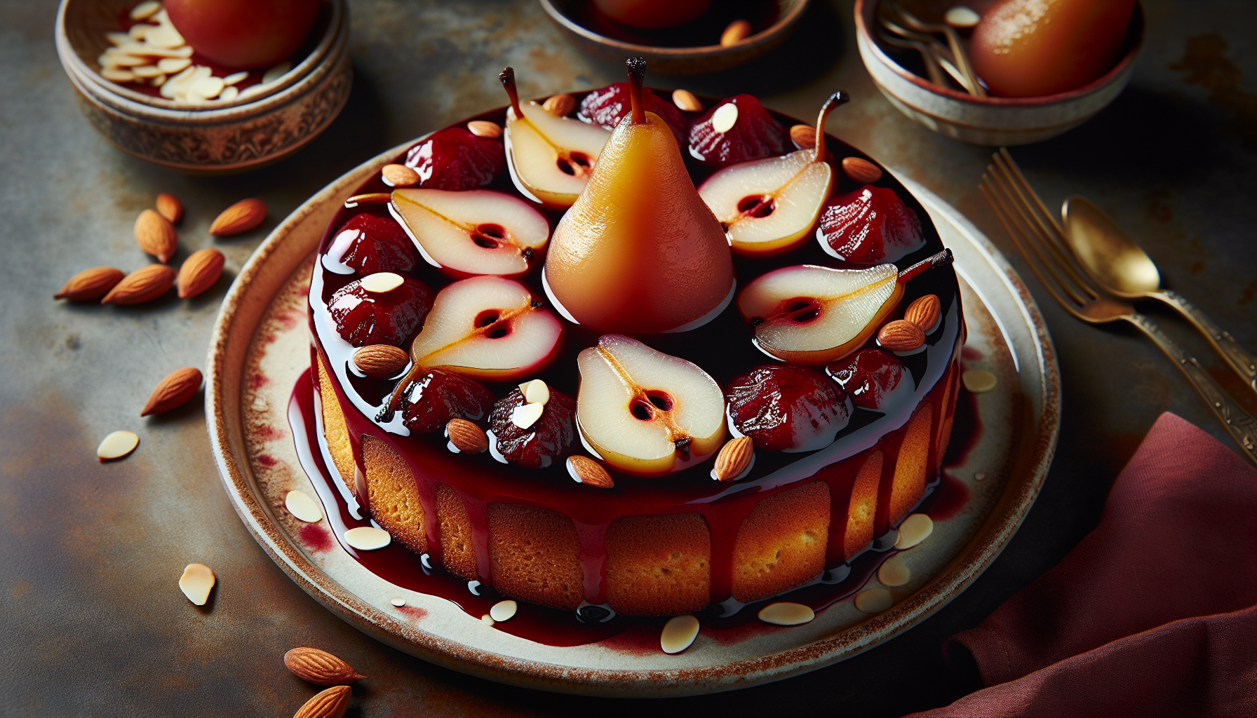Gâteau surprise aux poires pochées au vin rouge et sirop d'amandes