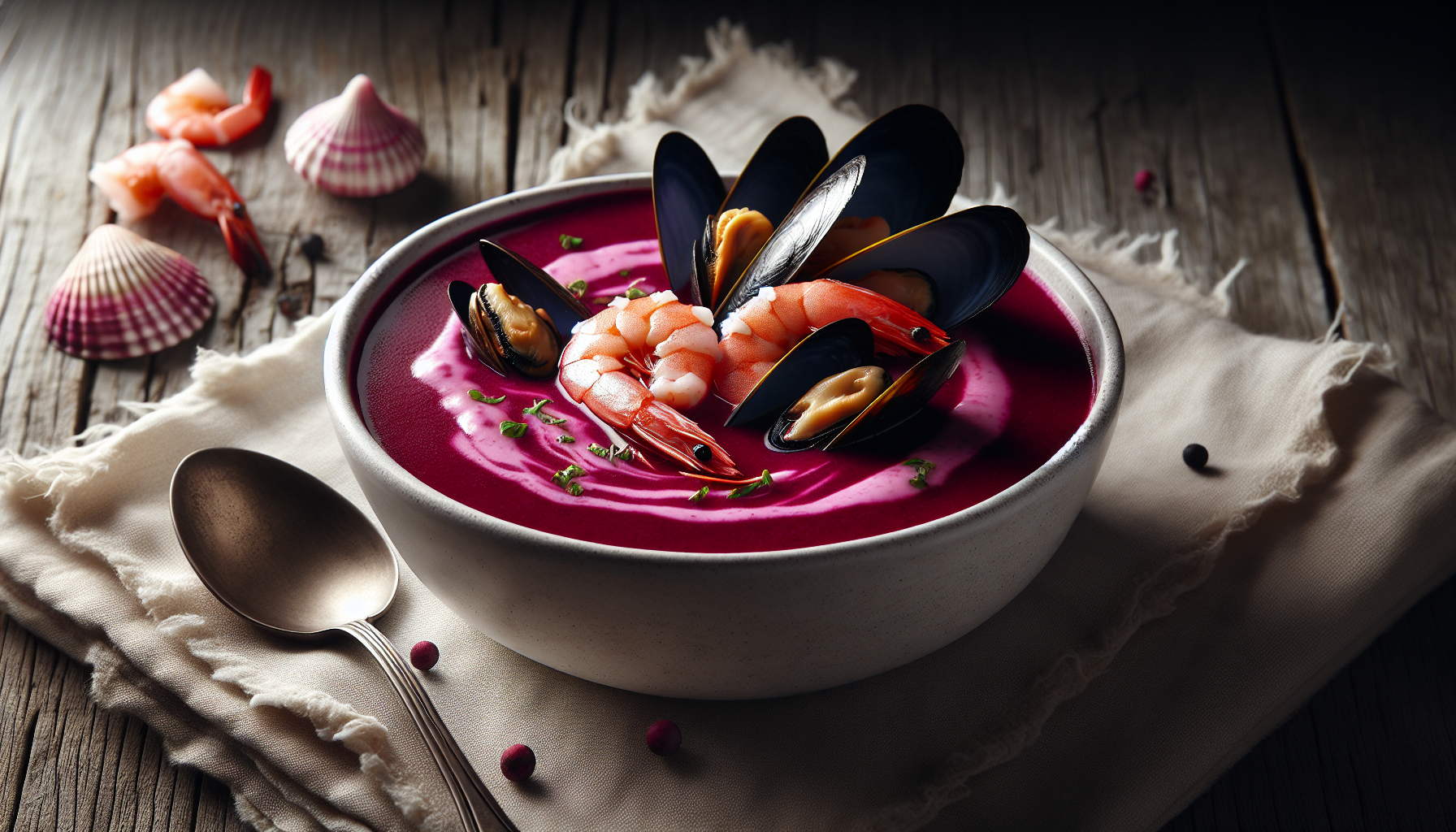 Crème de betterave aux crevettes et moules