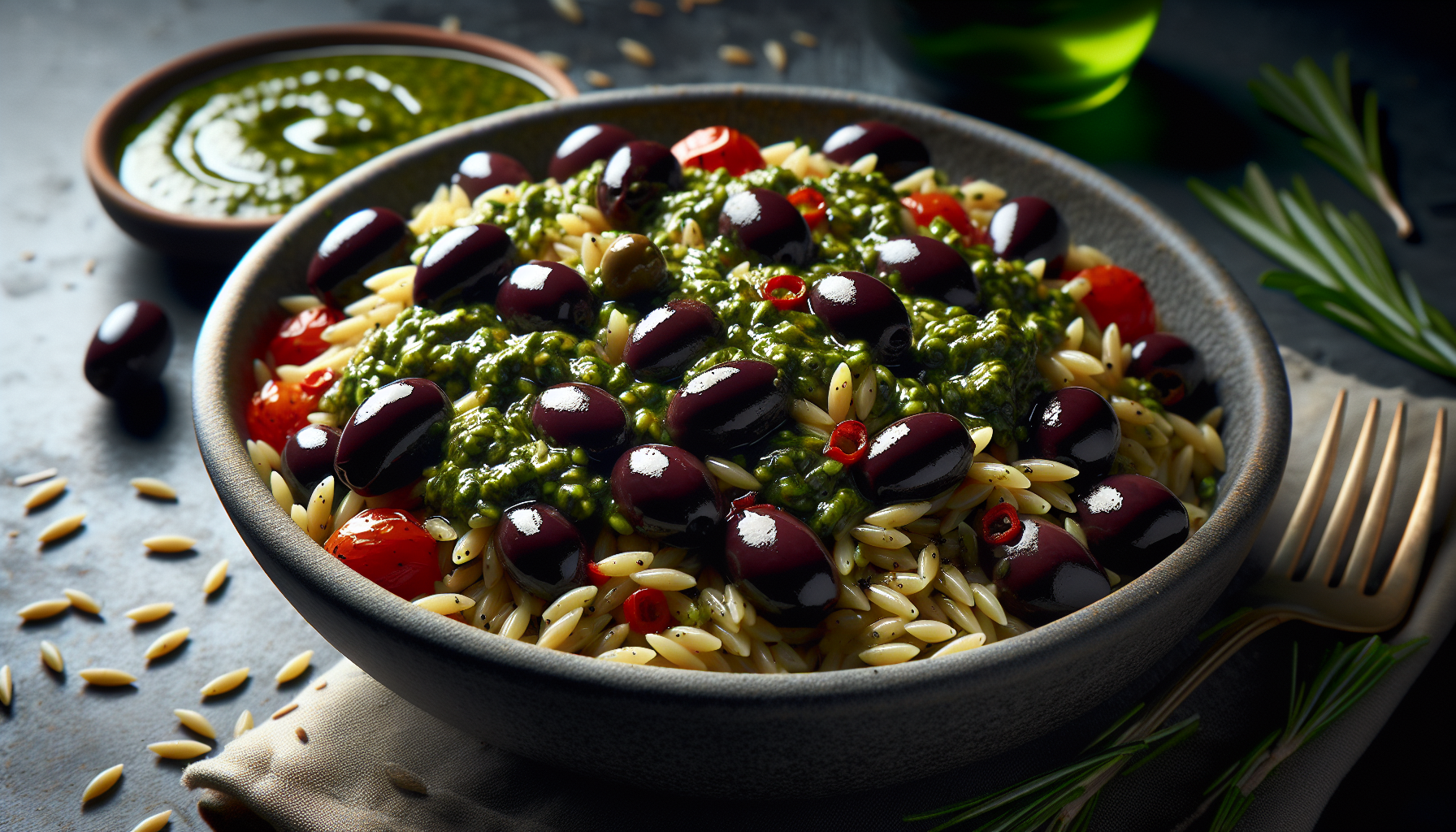 Salade d'orzo aux olives grecque et pesto de piment