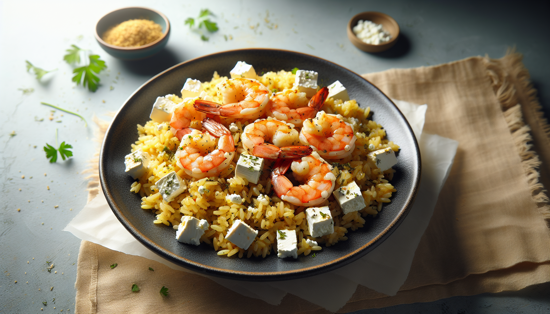 Riz pilaf au crevettes à la grecque, croustillant de feta