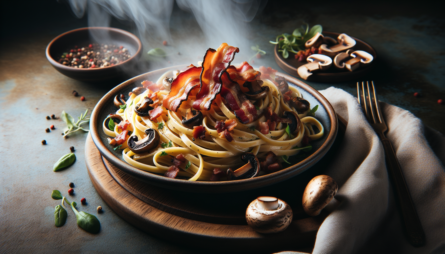 Pâtes bavette au bacon et aux champignons