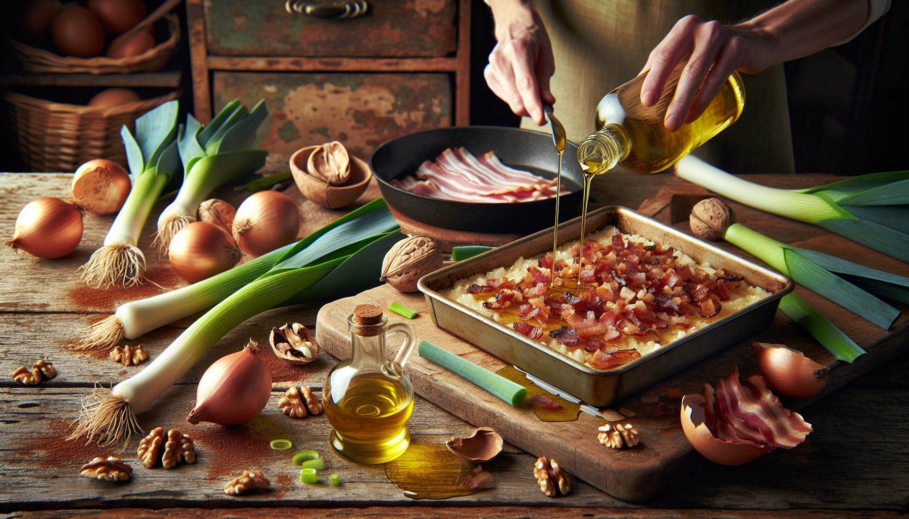 Cake aux poireaux, bacon et huile de noix