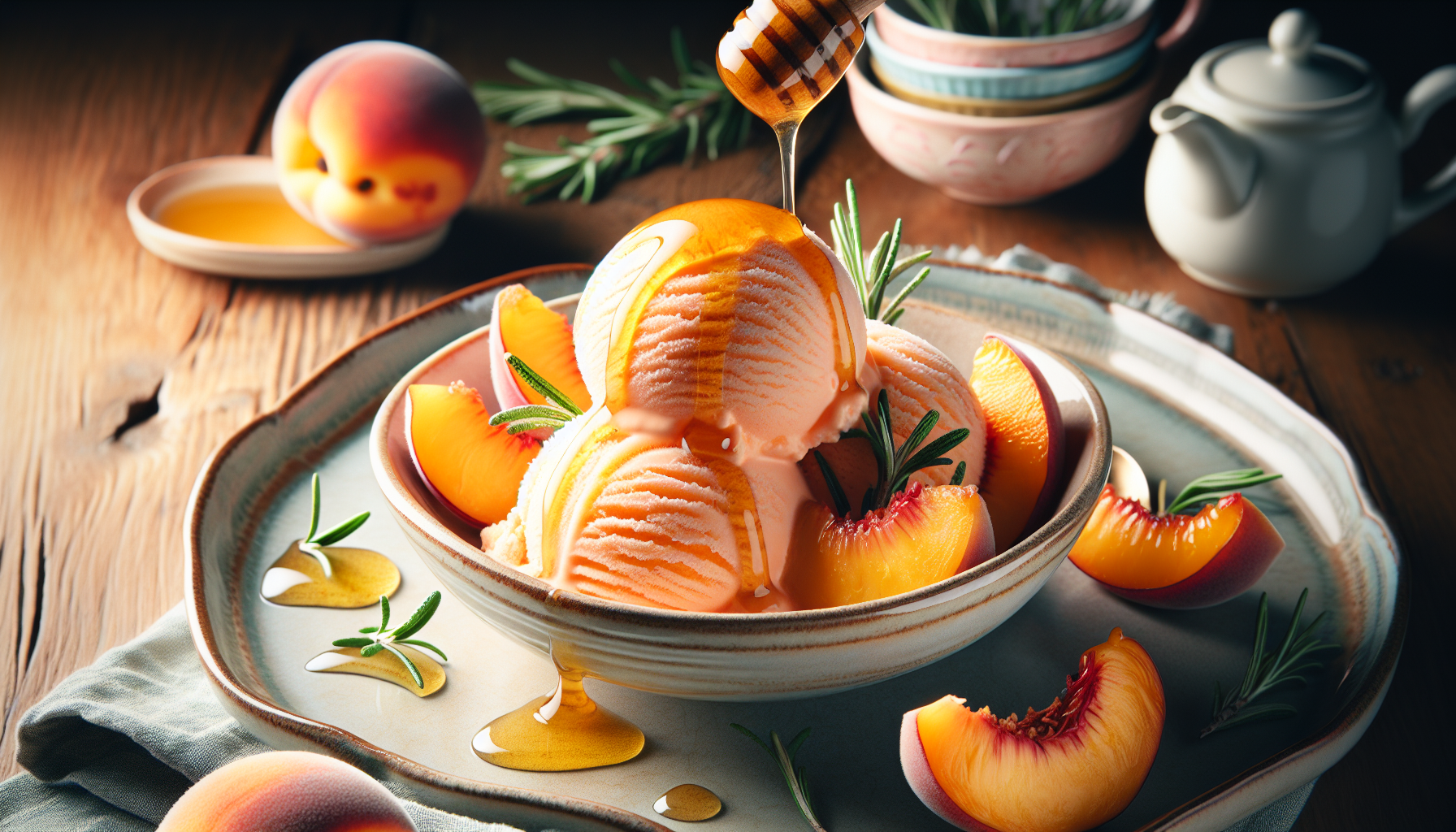 Crème glacée aux pêches, miel et romarin