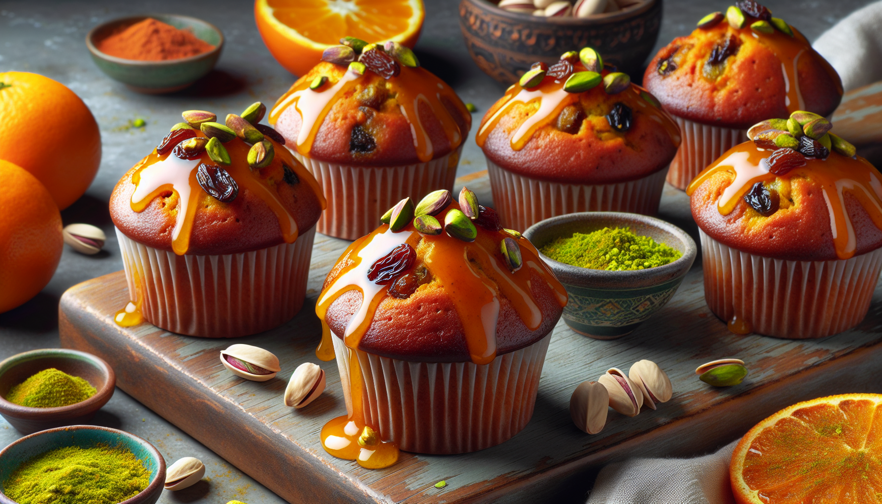 Muffins épicés aux raisins, glaçage à l'orange et aux pistaches
