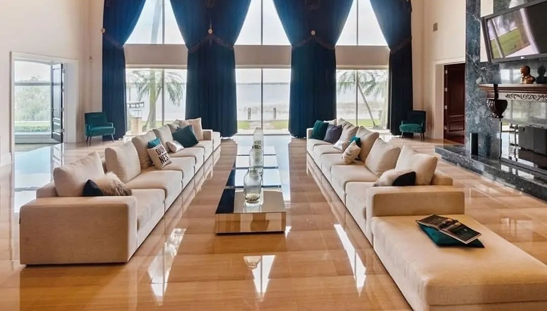 A living room bathed in light