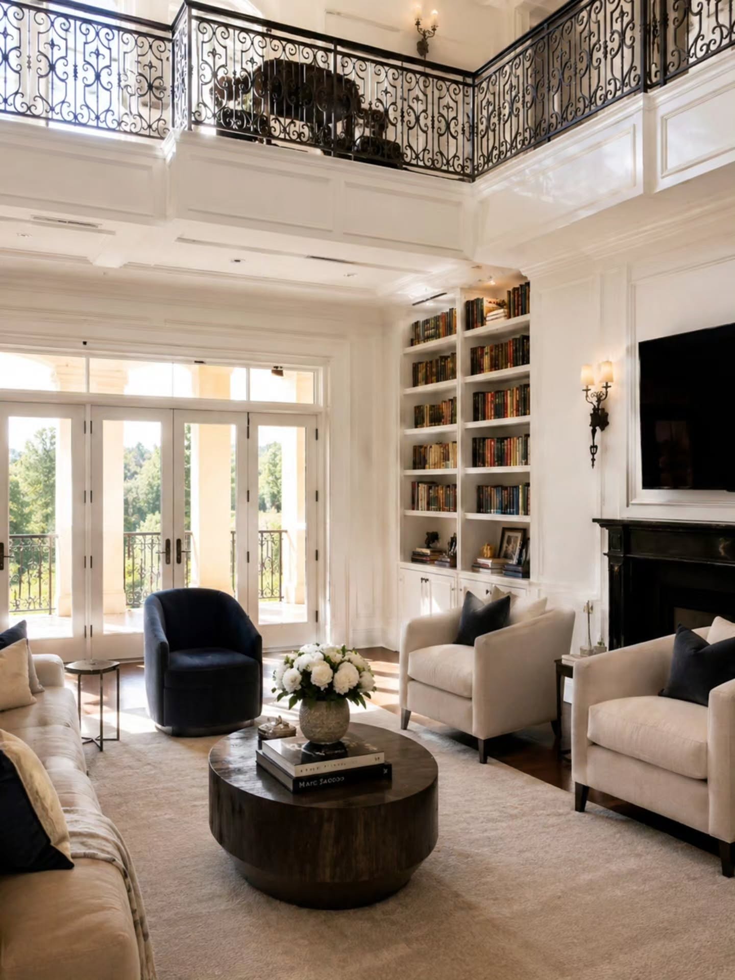 A living room bathed in light