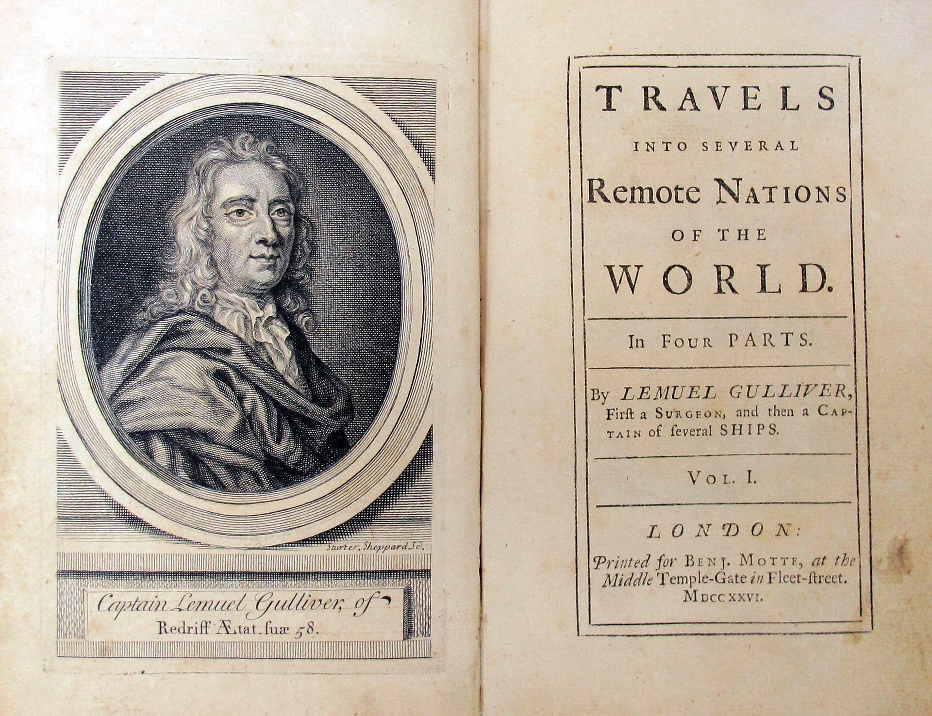 Frontispice et page titre de l'édition originale des Voyages de Gulliver, 1726
